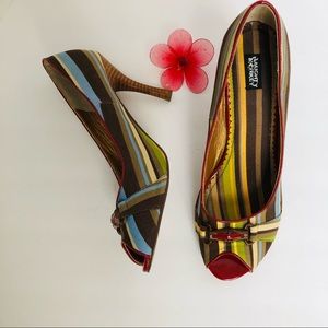 Naughty Monkey striped peep toe heeled pumps.